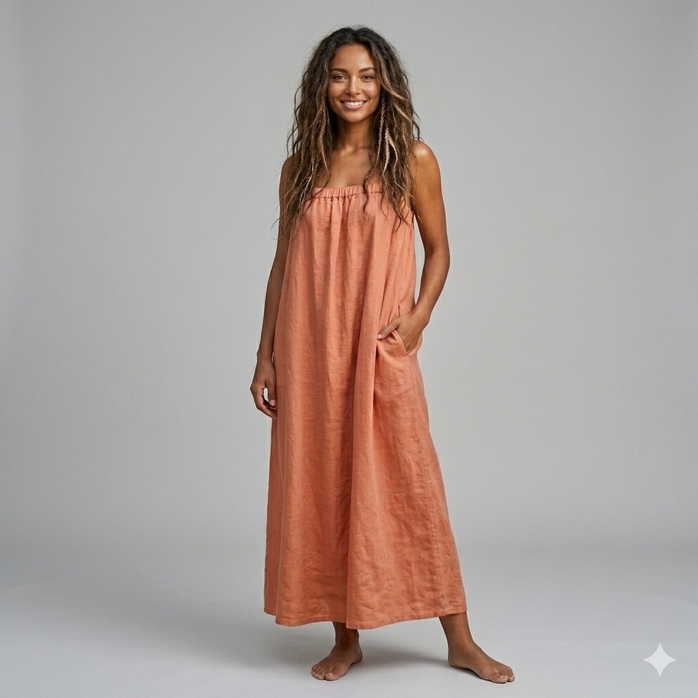 FILOSOFIA Women Peach Coral 100% Linen Maxi Dress Made in USA Size L NWOT
